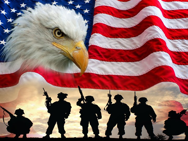 Military soldier saluting with eagle and flag background
